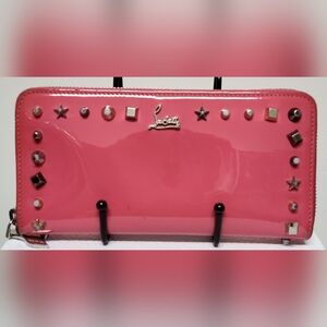CHRISTIAN LOUBOUTIN Pink Patent Leather & Spikes Long Zip Wallet